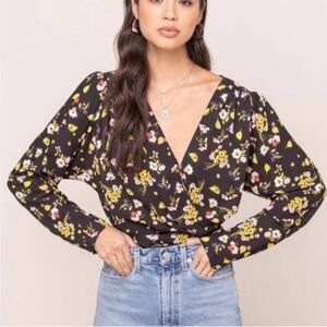 ASTR THE LABEL | Black Floral Surplice Drape Front Sheer Long Sleeve Bodysuit